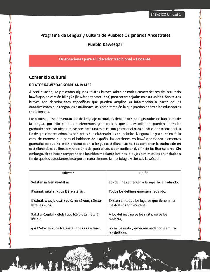01-Orientaciones al docente - LC03 - Kawésqar - U1 - Contenido Cultural: Relatos kawéskar sobre animales 01-Orientaciones al docente - LC03 - Kawésqar - U1 - Contenido Cultural: Relatos kawéskar sobre animales