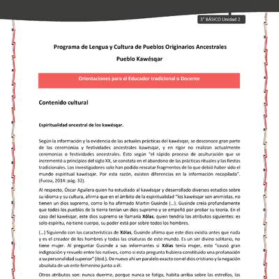 01-Orientaciones al docente - LC03 - Kawésqar - U2 - Contenido cultural: Espiritualidad ancestral de los kawésqar. 01-Orientaciones al docente - LC03 - Kawésqar - U2 - Contenido cultural: Espiritualidad ancestral de los kawésqar.