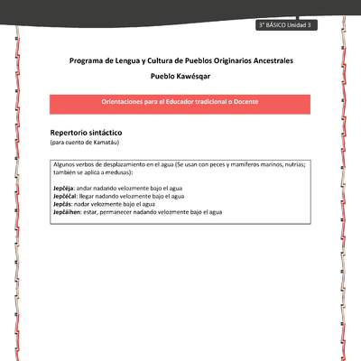 01-Orientaciones al docente - LC03 - Kawésqar - U3 - Repertorio sintáctico (para cuento de Kamatáu) 01-Orientaciones al docente - LC03 - Kawésqar - U3 - Repertorio sintáctico (para cuento de Kamatáu)
