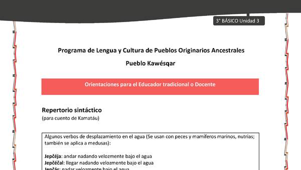01-Orientaciones al docente - LC03 - Kawésqar - U3 - Repertorio sintáctico (para cuento de Kamatáu) 01-Orientaciones al docente - LC03 - Kawésqar - U3 - Repertorio sintáctico (para cuento de Kamatáu)