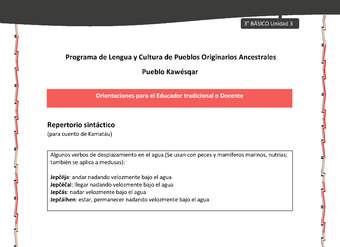 01-Orientaciones al docente - LC03 - Kawésqar - U3 - Repertorio sintáctico (para cuento de Kamatáu) 01-Orientaciones al docente - LC03 - Kawésqar - U3 - Repertorio sintáctico (para cuento de Kamatáu)