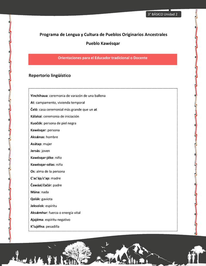 01-Orientaciones al docente - LC03 - Kawésqar - U2 - Repertorio lingüístico 01-Orientaciones al docente - LC03 - Kawésqar - U2 - Repertorio lingüístico