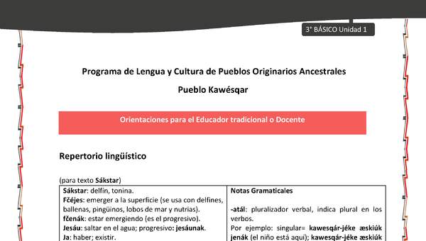 01-Orientaciones al docente - LC03 - Kawésqar - U1 - Repertorio lingüístico 01-Orientaciones al docente - LC03 - Kawésqar - U1 - Repertorio lingüístico
