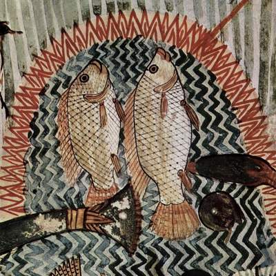 Detalle de un mural con una escena de pesca en Tumba de Menna Detalle de un mural con una escena de pesca en Tumba de Menna