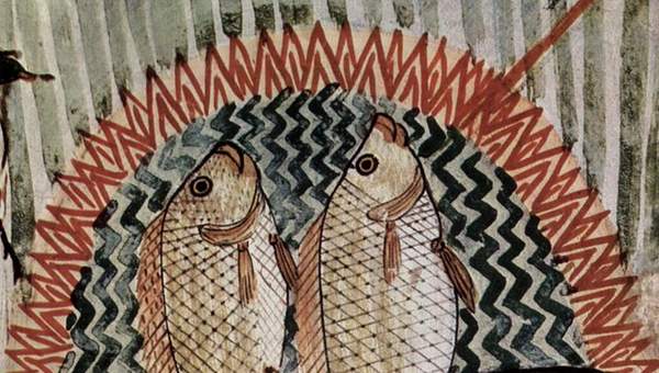 Detalle de un mural con una escena de pesca en Tumba de Menna Detalle de un mural con una escena de pesca en Tumba de Menna