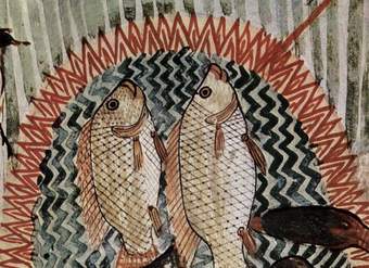 Detalle de un mural con una escena de pesca en Tumba de Menna Detalle de un mural con una escena de pesca en Tumba de Menna