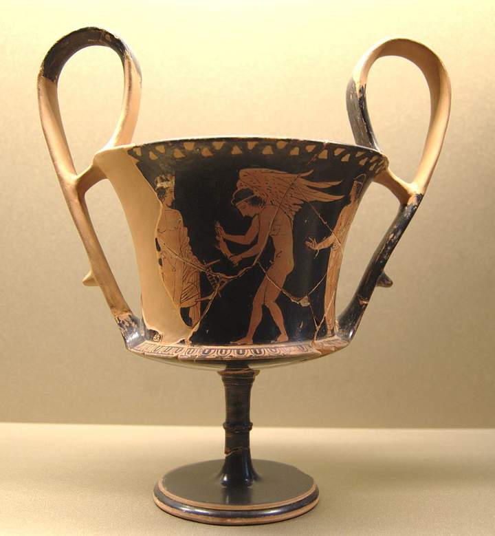 Cerámica griega Eros y el músico tocando lira Cerámica griega Eros y el músico tocando lira