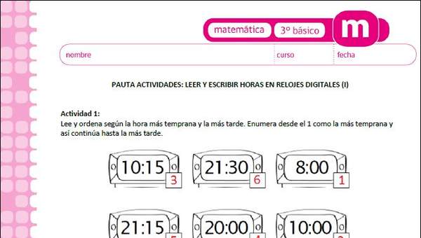 Leer y escribir horas en relojes digitales (I) Leer y escribir horas en relojes digitales (I)