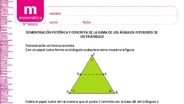 Demostración pictórica y concreta de la suma de los ángulos interiores de un triángulo Demostración pictórica y concreta de la suma de los ángulos interiores de un triángulo