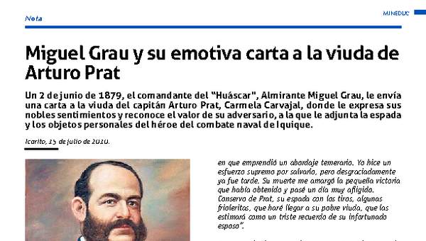 Miguel Grau y su emotiva carta a la viuda de Arturo Prat Miguel Grau y su emotiva carta a la viuda de Arturo Prat