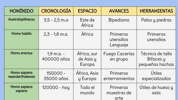 Cuadro comparativo de los homínidos Cuadro comparativo de los homínidos