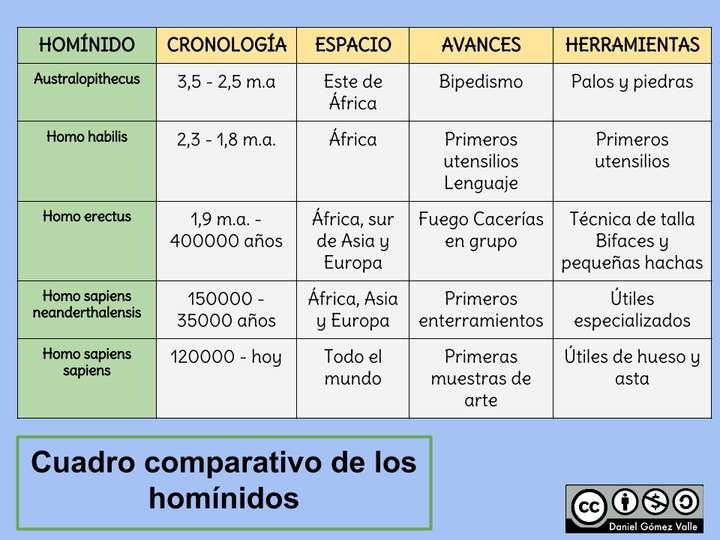 Cuadro comparativo de los homínidos Cuadro comparativo de los homínidos