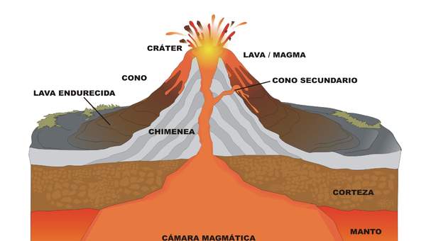 Ilustración que muestra las partes de un volcán Ilustración que muestra las partes de un volcán