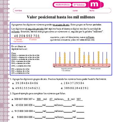Valor posicional hasta mil millones Valor posicional hasta mil millones