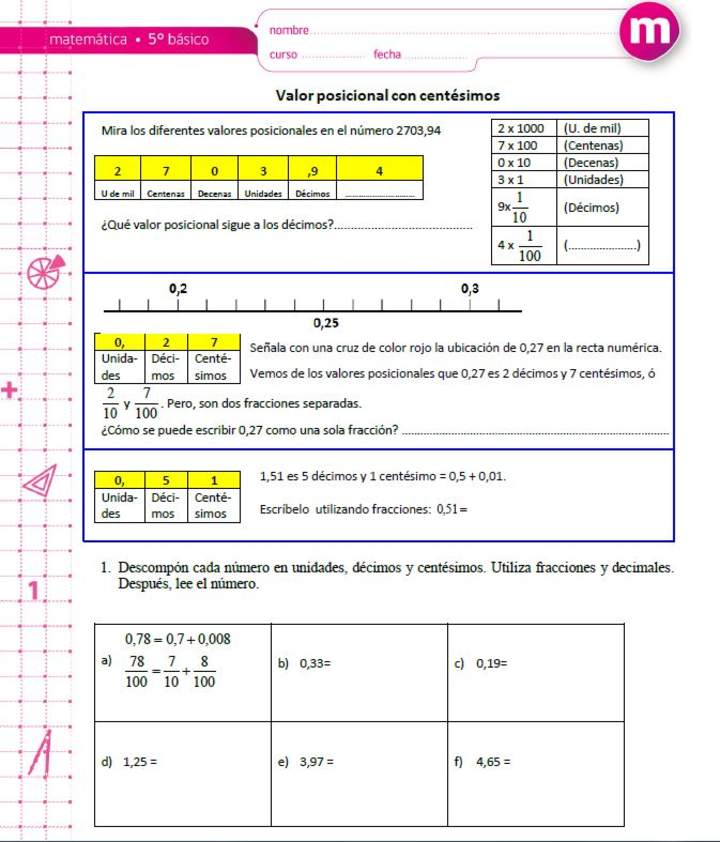 Valor posicional con centésimos Valor posicional con centésimos