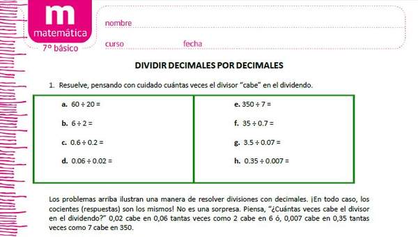 Dividir decimales por decimales Dividir decimales por decimales