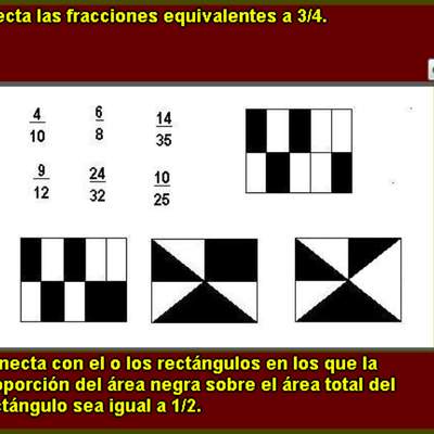 Fracciones equivalentes a 3/4 y área igual a 1/2 Fracciones equivalentes a 3/4 y área igual a 1/2