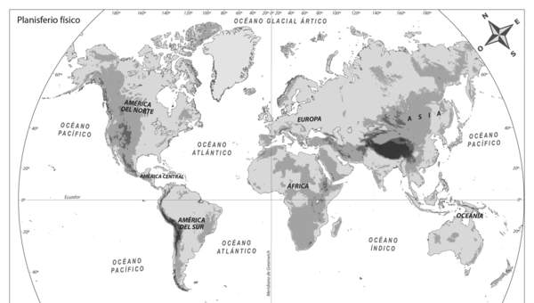 Planisferio físico blanco y negro Planisferio físico blanco y negro