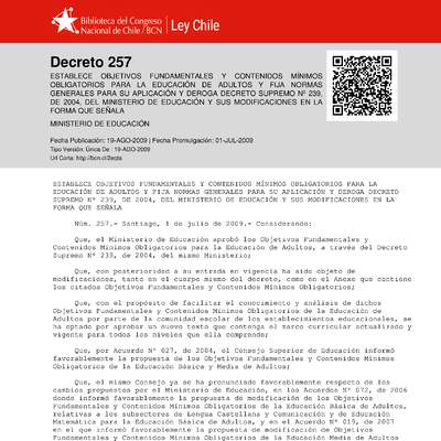 Decreto N°257: Marco Curricular para Educación de Personas Jóvenes y Adultas Decreto N°257: Marco Curricular para Educación de Personas Jóvenes y Adultas