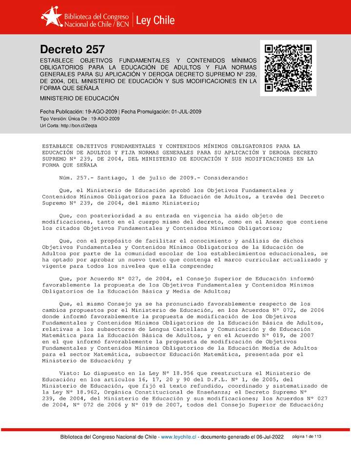 Decreto N°257: Marco Curricular para Educación de Personas Jóvenes y Adultas Decreto N°257: Marco Curricular para Educación de Personas Jóvenes y Adultas