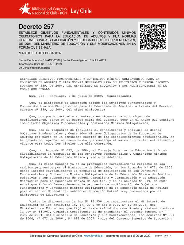 Decreto N°257: Marco Curricular para Educación de Personas Jóvenes y Adultas Decreto N°257: Marco Curricular para Educación de Personas Jóvenes y Adultas