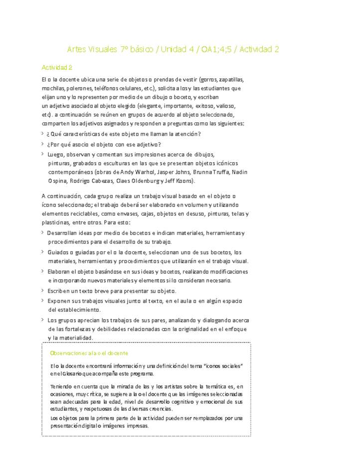 Artes Visuales 7° básico-Unidad 4-OA1;4;5-Actividad 2 Artes Visuales 7° básico-Unidad 4-OA1;4;5-Actividad 2