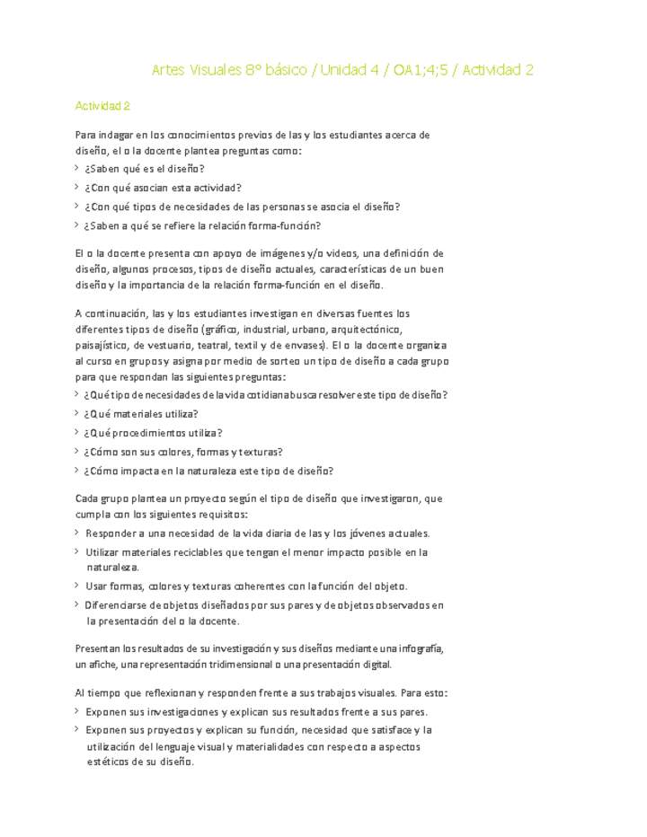 Artes Visuales 8° básico-Unidad 4-OA1;4;5-Actividad 2 Artes Visuales 8° básico-Unidad 4-OA1;4;5-Actividad 2