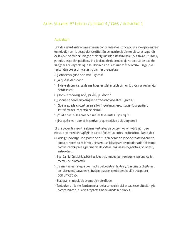 Artes Visuales 8° básico-Unidad 4-OA6-Actividad 1 Artes Visuales 8° básico-Unidad 4-OA6-Actividad 1
