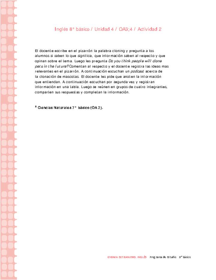 Inglés 8° básico-Unidad 4-OA3;4-Actividad 2 Inglés 8° básico-Unidad 4-OA3;4-Actividad 2