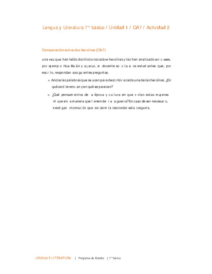 Lengua y Literatura 7° básico-Unidad 1-OA7-Actividad 2 Lengua y Literatura 7° básico-Unidad 1-OA7-Actividad 2