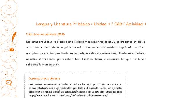 Lengua y Literatura 7° básico-Unidad 1-OA8-Actividad 1 Lengua y Literatura 7° básico-Unidad 1-OA8-Actividad 1