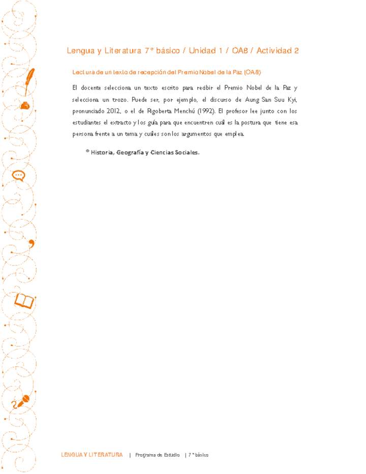 Lengua y Literatura 7° básico-Unidad 1-OA8-Actividad 2 Lengua y Literatura 7° básico-Unidad 1-OA8-Actividad 2