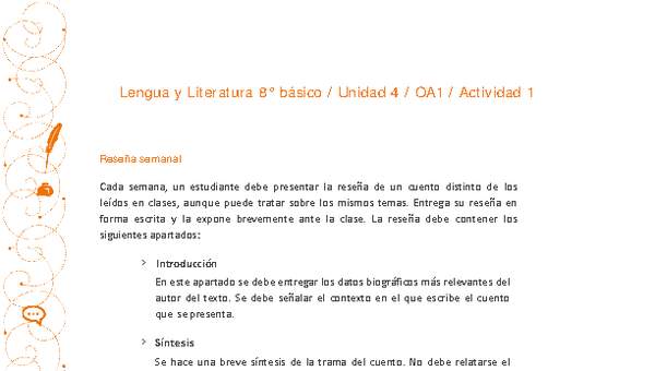 Lengua y Literatura 8° básico-Unidad 4-OA1-Actividad 1 Lengua y Literatura 8° básico-Unidad 4-OA1-Actividad 1