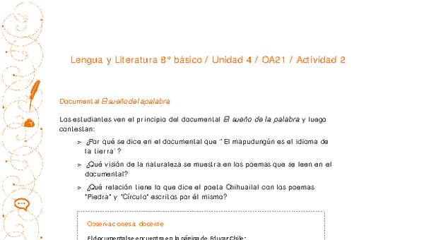 Lengua y Literatura 8° básico-Unidad 4-OA21-Actividad 2 Lengua y Literatura 8° básico-Unidad 4-OA21-Actividad 2