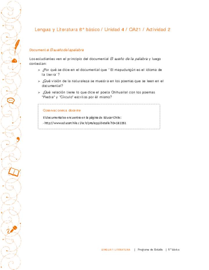 Lengua y Literatura 8° básico-Unidad 4-OA21-Actividad 2 Lengua y Literatura 8° básico-Unidad 4-OA21-Actividad 2