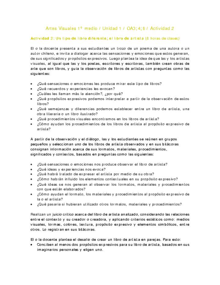 Artes Visuales 1 medio-Unidad 1-OA3;4;6-Actividad 2 Artes Visuales 1 medio-Unidad 1-OA3;4;6-Actividad 2