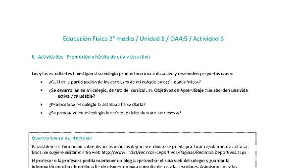 Educación Física 2 medio-Unidad 1-OA4;5-Actividad 6 Educación Física 2 medio-Unidad 1-OA4;5-Actividad 6
