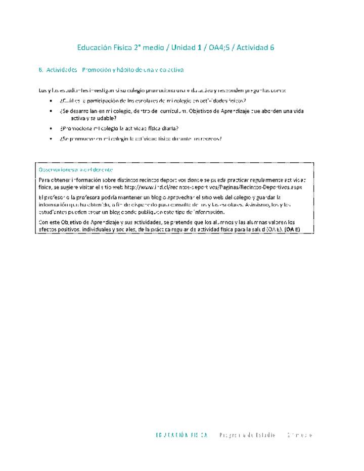 Educación Física 2 medio-Unidad 1-OA4;5-Actividad 6 Educación Física 2 medio-Unidad 1-OA4;5-Actividad 6