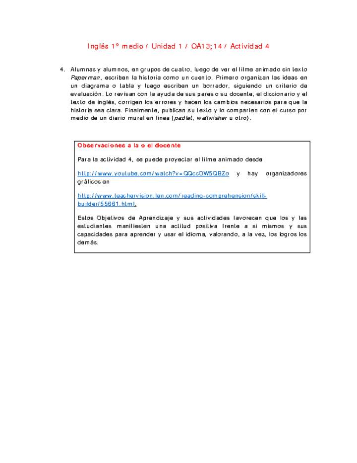 Inglés 1 medio-Unidad 1-OA13;14-Actividad 4 Inglés 1 medio-Unidad 1-OA13;14-Actividad 4