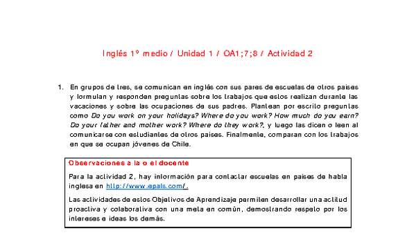 Inglés 1 medio-Unidad 1-OA1;7;8-Actividad 2 Inglés 1 medio-Unidad 1-OA1;7;8-Actividad 2