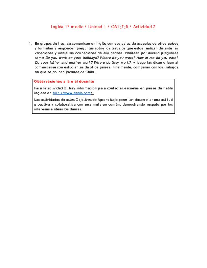 Inglés 1 medio-Unidad 1-OA1;7;8-Actividad 2 Inglés 1 medio-Unidad 1-OA1;7;8-Actividad 2