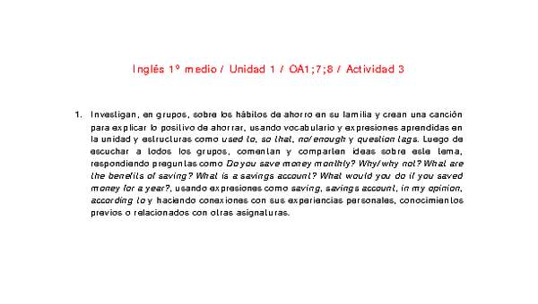 Inglés 1 medio-Unidad 1-OA1;7;8-Actividad 3 Inglés 1 medio-Unidad 1-OA1;7;8-Actividad 3
