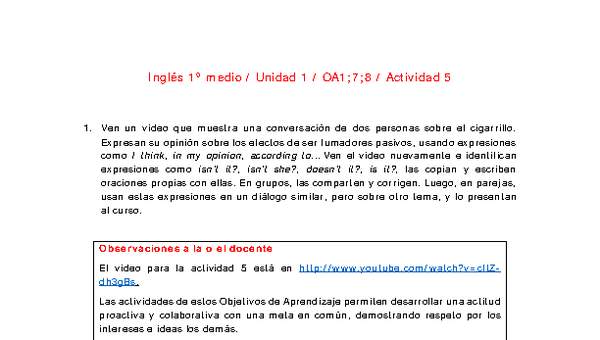 Inglés 1 medio-Unidad 1-OA1;7;8-Actividad 5 Inglés 1 medio-Unidad 1-OA1;7;8-Actividad 5