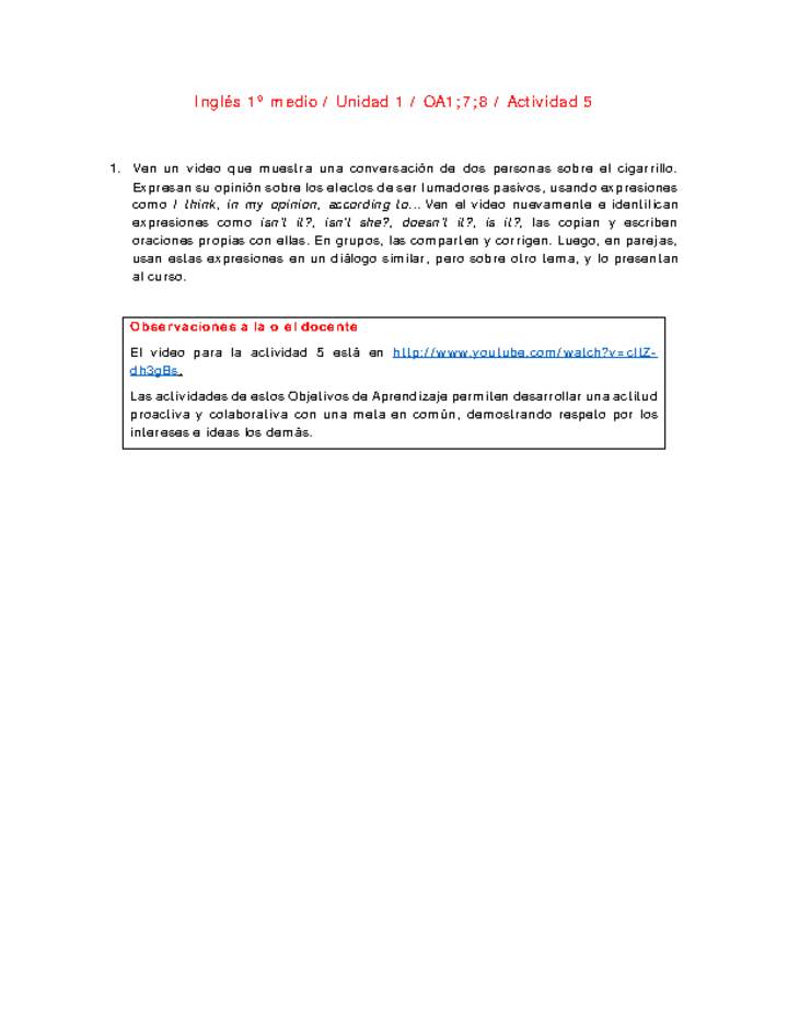 Inglés 1 medio-Unidad 1-OA1;7;8-Actividad 5 Inglés 1 medio-Unidad 1-OA1;7;8-Actividad 5