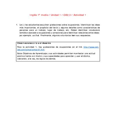 Inglés 1 medio-Unidad 1-OA2;3-Actividad 1 Inglés 1 medio-Unidad 1-OA2;3-Actividad 1
