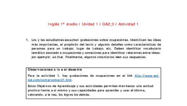 Inglés 1 medio-Unidad 1-OA2;3-Actividad 1 Inglés 1 medio-Unidad 1-OA2;3-Actividad 1