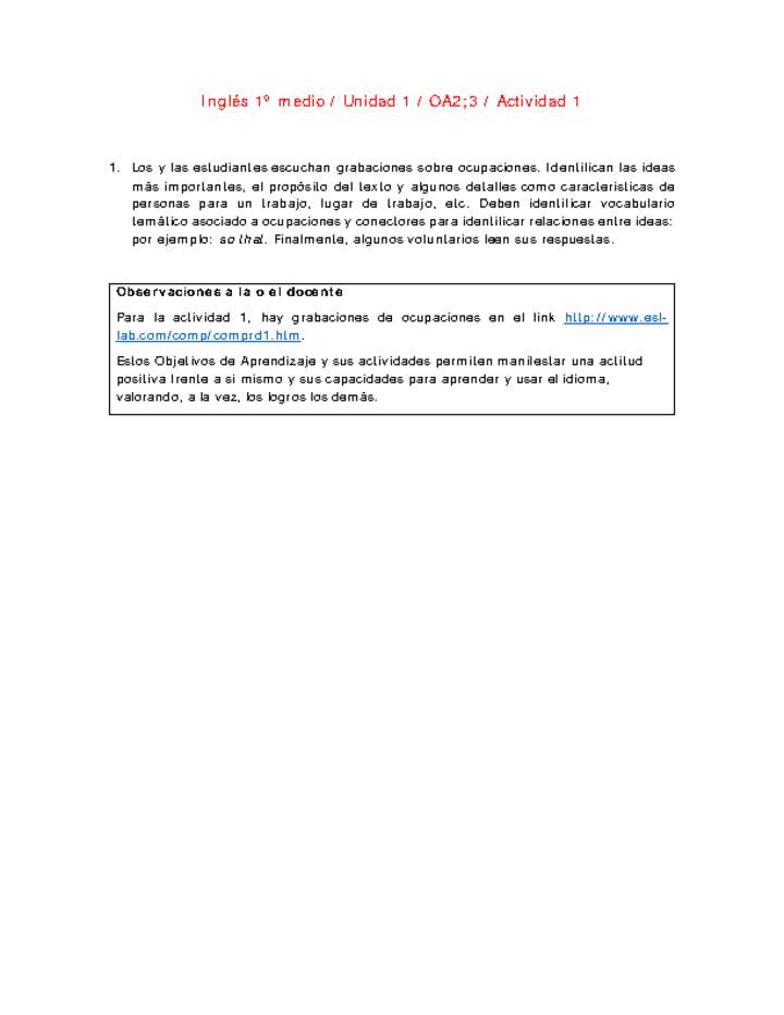 Inglés 1 medio-Unidad 1-OA2;3-Actividad 1 Inglés 1 medio-Unidad 1-OA2;3-Actividad 1