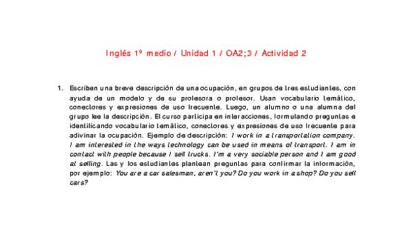 Inglés 1 medio-Unidad 1-OA2;3-Actividad 2 Inglés 1 medio-Unidad 1-OA2;3-Actividad 2