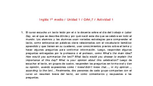 Inglés 1 medio-Unidad 1-OA4;7-Actividad 1 Inglés 1 medio-Unidad 1-OA4;7-Actividad 1
