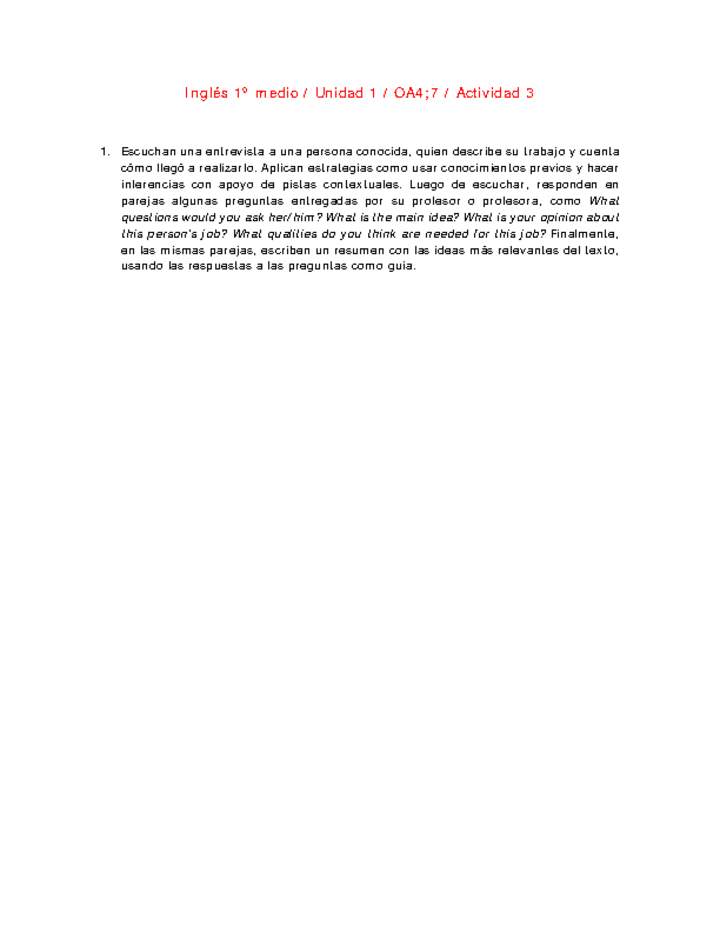Inglés 1 medio-Unidad 1-OA4;7-Actividad 3 Inglés 1 medio-Unidad 1-OA4;7-Actividad 3